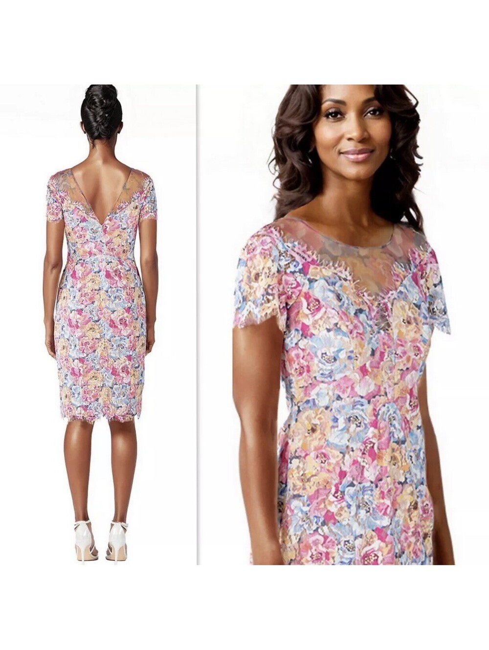 NWT RENE RUIZ Floral Lace Size 16 Dress Illusion Neck Sheath Cocktail $795